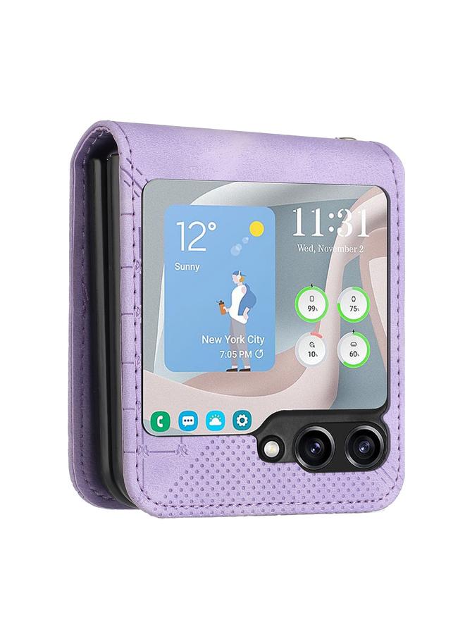 S-TOP Case For Samsung Galaxy Z Flip5 YX0080 Grid Butterfly Embossed Pattern Flip Leather Phone Case with Lanyard - Image 3