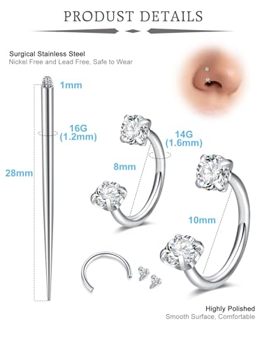 QWALIT Septum Rings 16 gauge Horseshoe Nose Ring 16g Double Gem Tragus Earring Hoop for Women Surgical Steel Half Hoop Earrings Silver Helix Cartilage Earring Hoops Lip Rings Labret Piercing Jewelry - Image 2