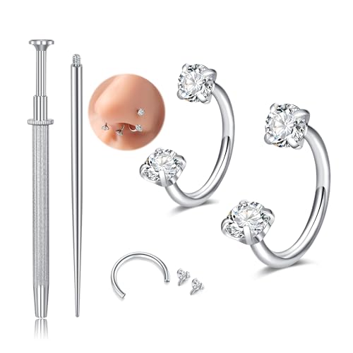 QWALIT Septum Rings 16 gauge Horseshoe Nose Ring 16g Double Gem Tragus Earring Hoop for Women Surgical Steel Half Hoop Earrings Silver Helix Cartilage Earring Hoops Lip Rings Labret Piercing Jewelry - Image 1