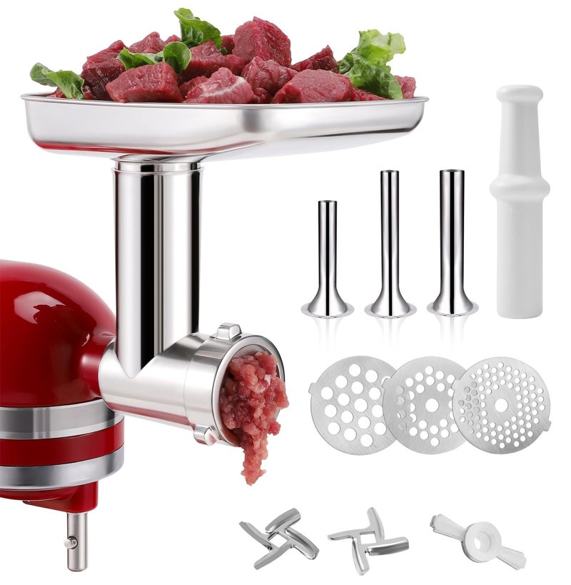 KINGEAGLE Food Grinder Attachment for KitchenAid MixersStainless Steel Dishwasher Safe Meat Mincer Accessories Set Included 3 Sausage Stuffer Tubes