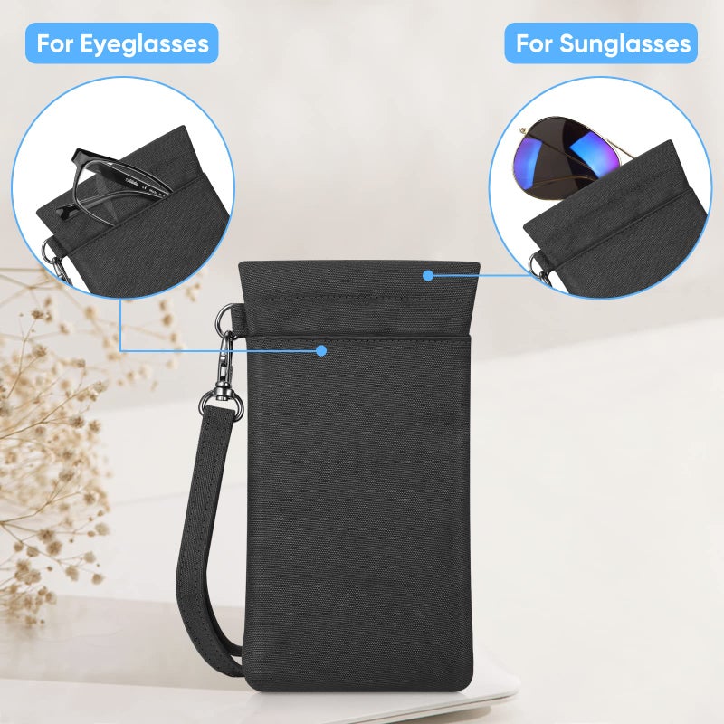 Fintie FINTIE Double Eyeglasses Pouch with Carrying Strap, Portable Squeeze Top Microfiber Soft Glasses Case Sunglass Pouch, Black  - Image 4