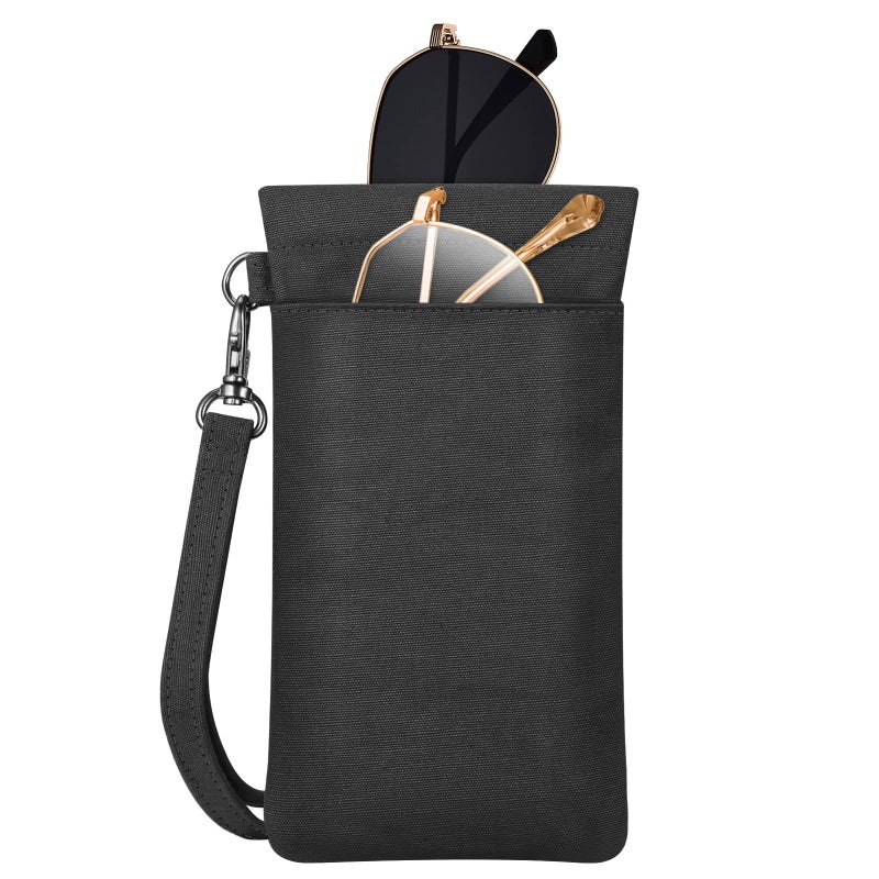 Fintie FINTIE Double Eyeglasses Pouch with Carrying Strap, Portable Squeeze Top Microfiber Soft Glasses Case Sunglass Pouch, Black  - Image 1