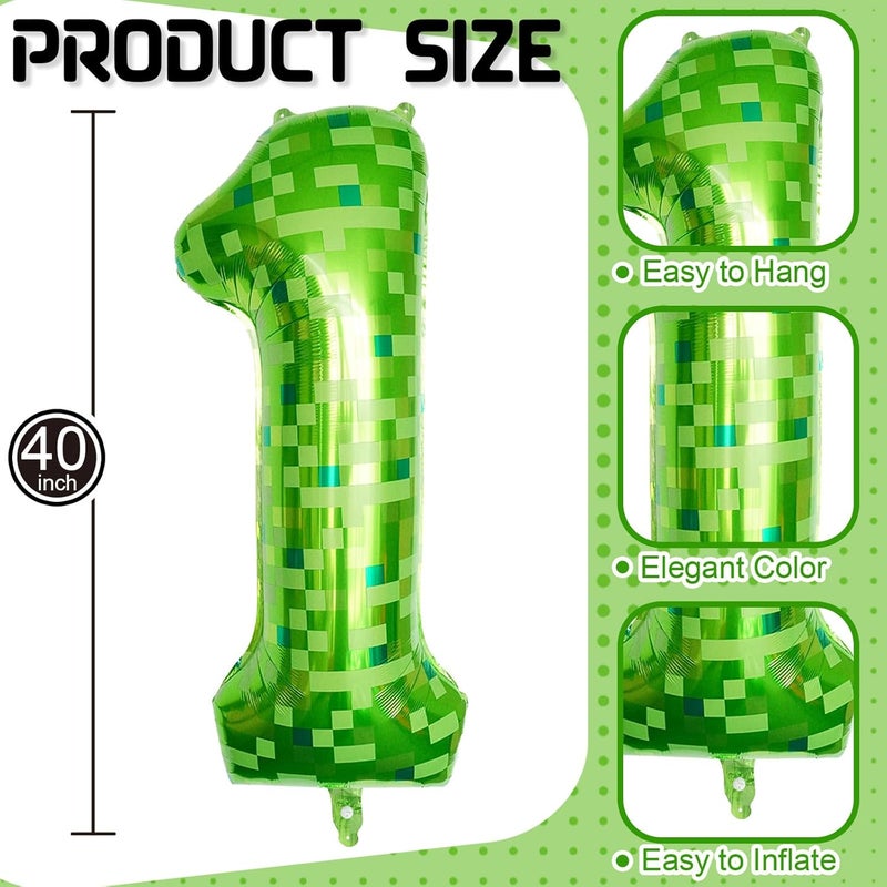 40 Inch Lime Green Pixel Number 1 Balloon for Birthday Decoration, Large Dark Kelly Green Foil 1 Balloon for Boys Ten Year Old Birthday Video Game - Image 2