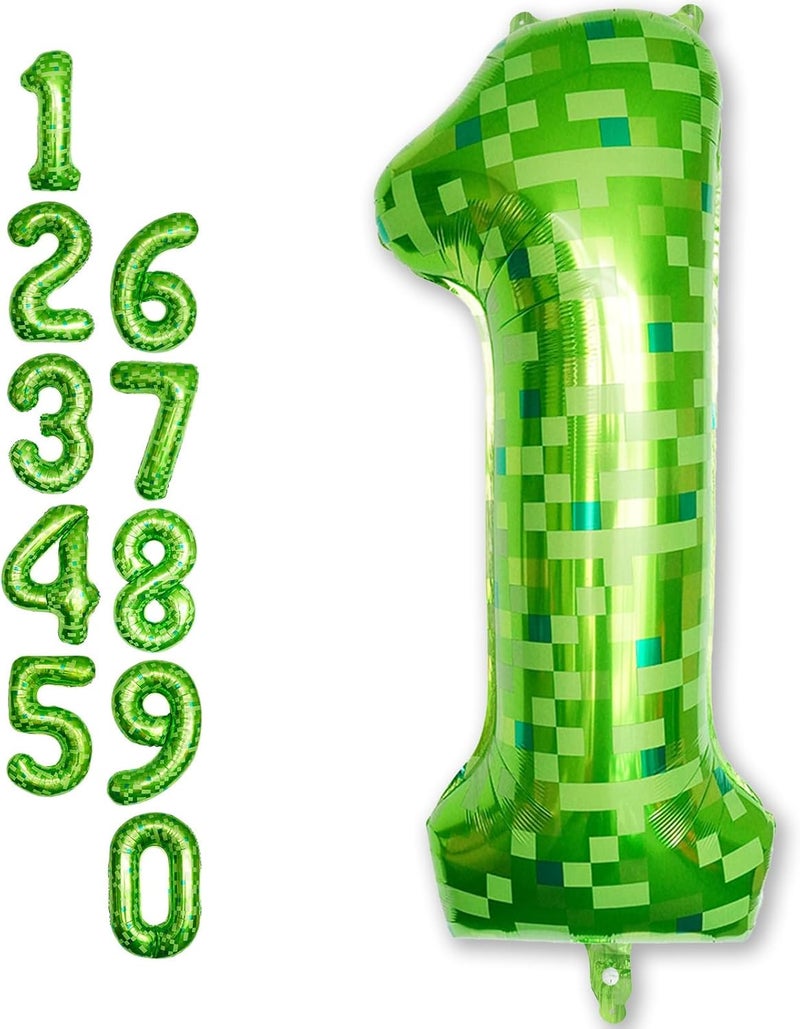 40 Inch Lime Green Pixel Number 1 Balloon for Birthday Decoration, Large Dark Kelly Green Foil 1 Balloon for Boys Ten Year Old Birthday Video Game - Image 1