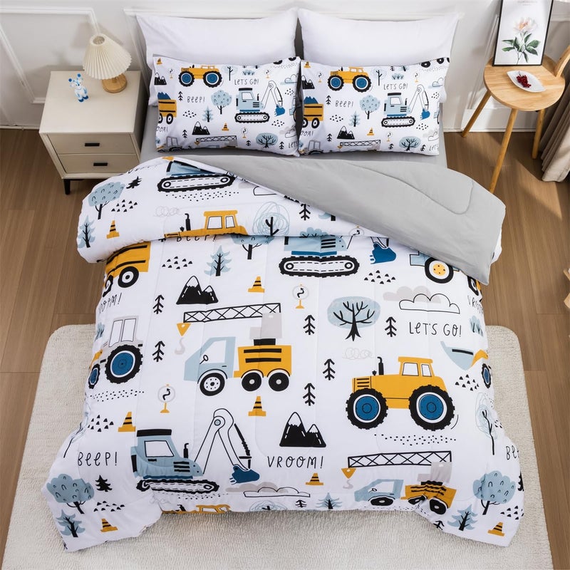 NTBED 5 Pieces Construction Truck Twin Comforter Set for Boys Kids Forest Vehicles Excavator Lightweight Microfiber Bedding Sets - Image 1