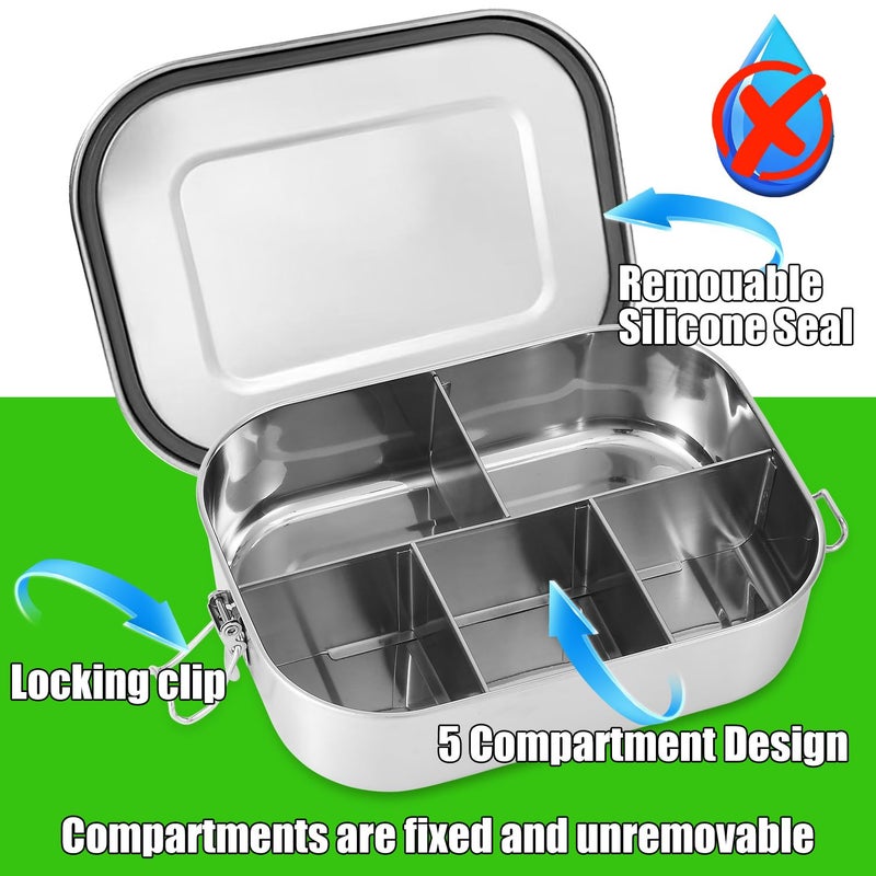 UPTRUST Stainless Steel Bento Lunch Food Box Container, 5-Compartment Large 1400ML Metal Bento Lunch Box Container for Kids or Adults with Lockable Clips to Leak Proof - Image 3