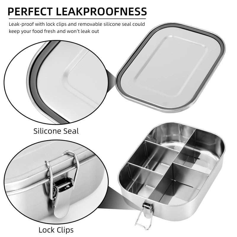 UPTRUST Stainless Steel Bento Lunch Food Box Container, 5-Compartment Large 1400ML Metal Bento Lunch Box Container for Kids or Adults with Lockable Clips to Leak Proof - Image 4