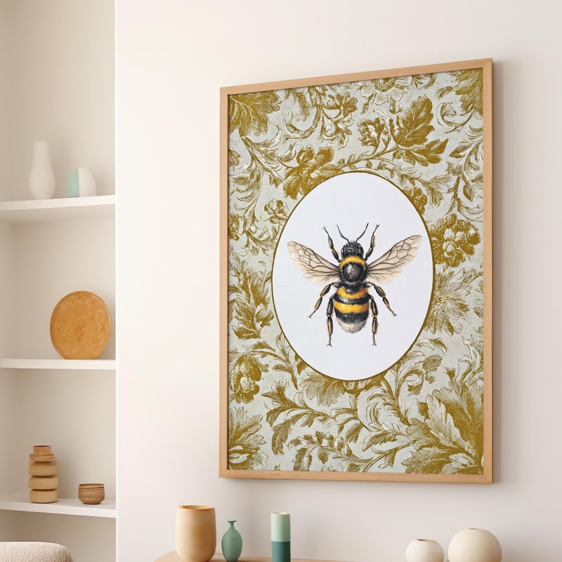 TNESSENTIAL Vintage Bee Oval Wall Art Poster or Canvas Print, Golden Yellow Floral Botanical Print, Rustic Cottagecore Farmhouse Country Garden Poster - Image 1