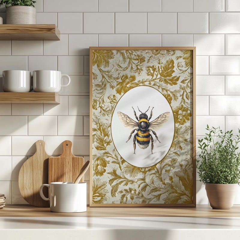 TNESSENTIAL Vintage Bee Oval Wall Art Poster or Canvas Print, Golden Yellow Floral Botanical Print, Rustic Cottagecore Farmhouse Country Garden Poster - Image 3
