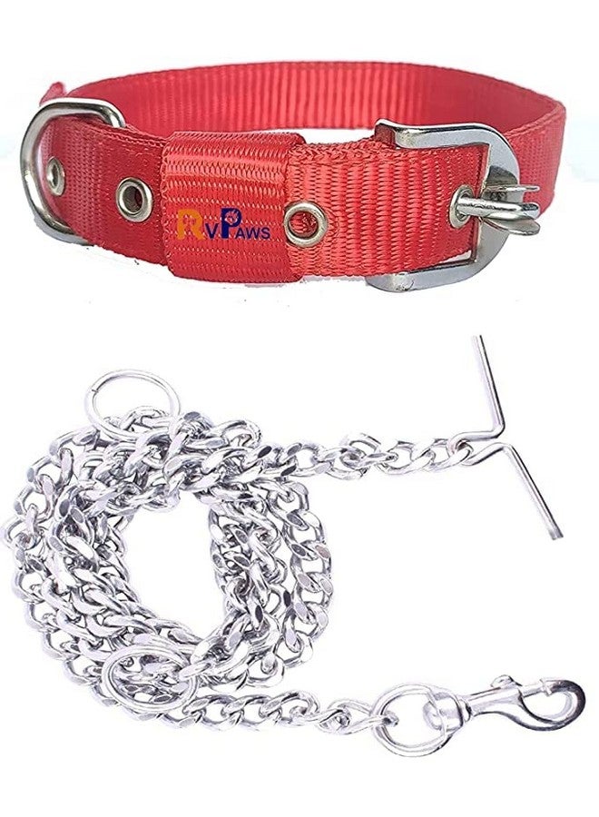 مجموعة حزام الكلب من طوق نايلون مقاس 1 بوصة مع سلسلة كلب ثقيلة بطول 63 بوصة (حجم كبير) - أحمر - Image 1