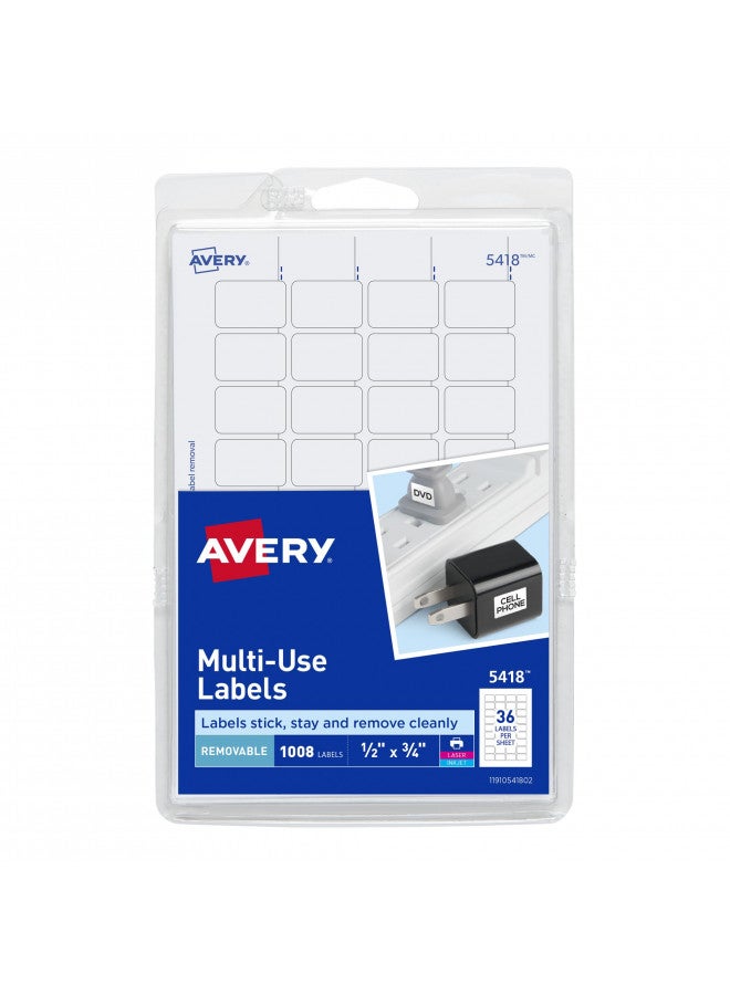 Avery Removable Print or Write Labels, White, 0.5 x 0.75 Inches, Pack of 1008 (5418) - Image 1