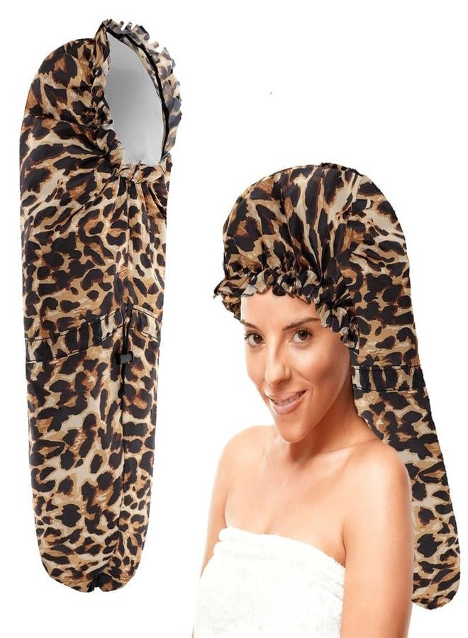 ELEBOX Extra Large Shower Cap for Braids/Curly Hair/Dreadlock | Reusable Waterproof Long Bonnets for Women Bath/Swim/Cooking/Cleaning/Spa | XL Bathing Cap with Adjustable Drawstring & Button, Leopard - Image 1