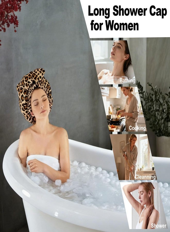 ELEBOX Extra Large Shower Cap for Braids/Curly Hair/Dreadlock | Reusable Waterproof Long Bonnets for Women Bath/Swim/Cooking/Cleaning/Spa | XL Bathing Cap with Adjustable Drawstring & Button, Leopard - Image 2