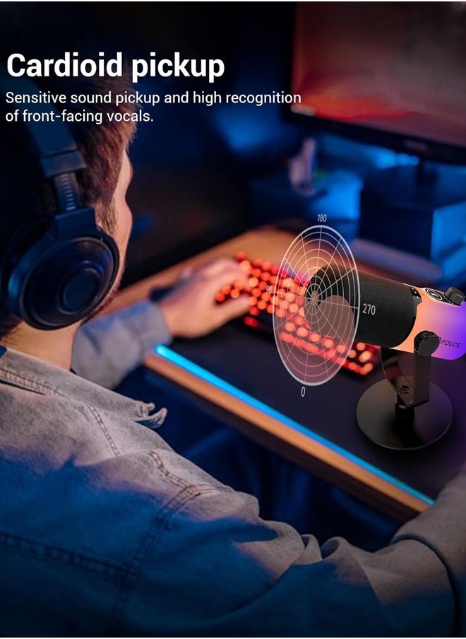 USB/XLR Gaming Microphone,Dynamic Microphone for Podcast Recording, PC Computer Gaming Streaming Vocal Mic with RGB Light, Mute Button, Gain Knob,Headphones Jack, with Desktop Stand,White/Black