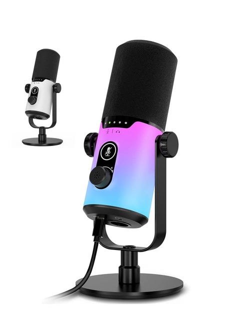 USB/XLR Gaming Microphone,Dynamic Microphone for Podcast Recording, PC Computer Gaming Streaming Vocal Mic with RGB Light, Mute Button, Gain Knob,Headphones Jack, with Desktop Stand,White/Black