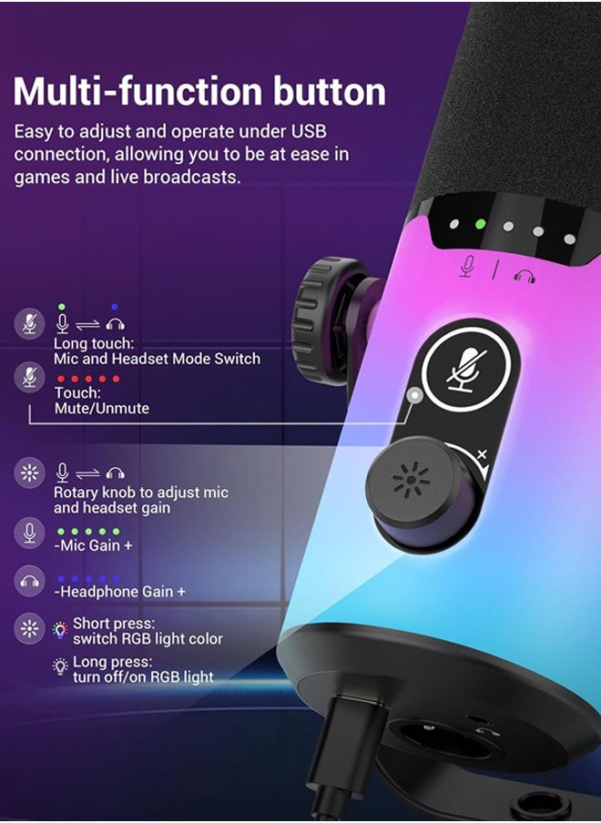 USB/XLR Gaming Microphone,Dynamic Microphone for Podcast Recording, PC Computer Gaming Streaming Vocal Mic with RGB Light, Mute Button, Gain Knob,Headphones Jack, with Desktop Stand,White/Black