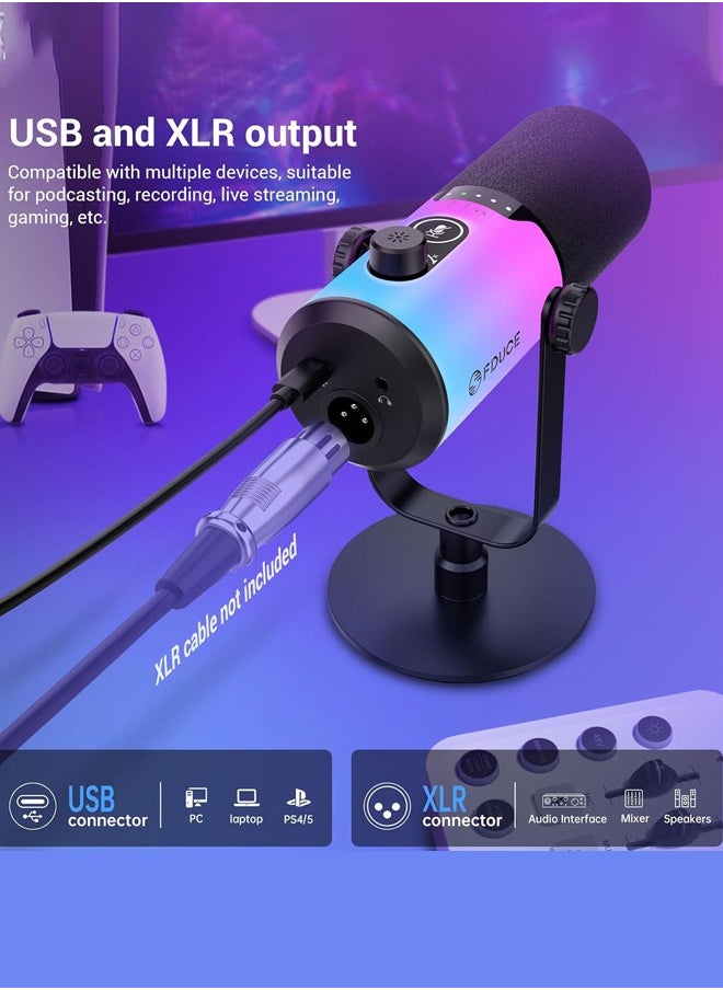 USB/XLR Gaming Microphone,Dynamic Microphone for Podcast Recording, PC Computer Gaming Streaming Vocal Mic with RGB Light, Mute Button, Gain Knob,Headphones Jack, with Desktop Stand,White/Black