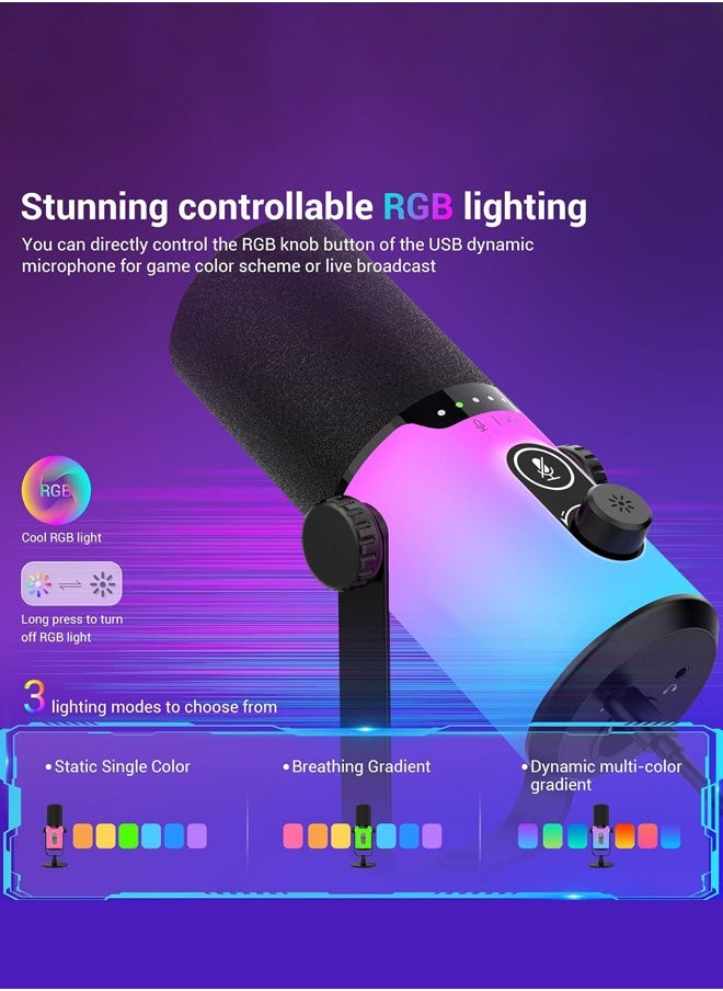 USB/XLR Gaming Microphone,Dynamic Microphone for Podcast Recording, PC Computer Gaming Streaming Vocal Mic with RGB Light, Mute Button, Gain Knob,Headphones Jack, with Desktop Stand,White/Black