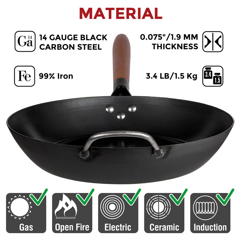 YOSUKATA 11.8" Carbon Steel Frying Pan â€“ Non-Toxic Pre-Seasoned Skillet with Removable Wooden Handle â€“ Coating-Free Wok-Style Pan for Gas, Induction, Electric, Oven & Grill BBQ - Image 4