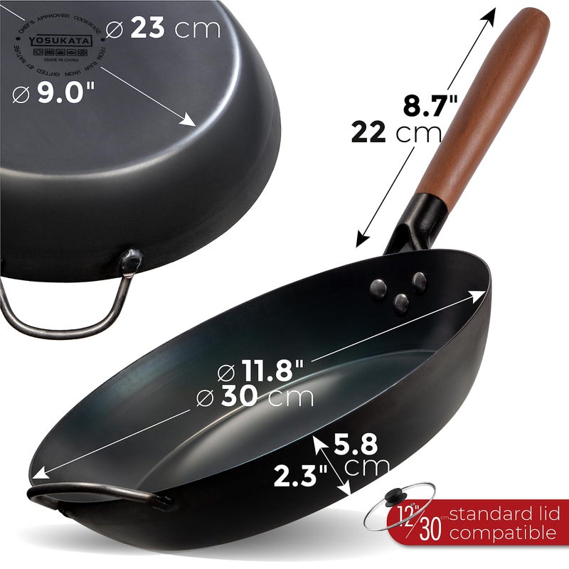 YOSUKATA 11.8" Carbon Steel Frying Pan â€“ Non-Toxic Pre-Seasoned Skillet with Removable Wooden Handle â€“ Coating-Free Wok-Style Pan for Gas, Induction, Electric, Oven & Grill BBQ - Image 2