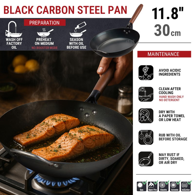 YOSUKATA 11.8" Carbon Steel Frying Pan â€“ Non-Toxic Pre-Seasoned Skillet with Removable Wooden Handle â€“ Coating-Free Wok-Style Pan for Gas, Induction, Electric, Oven & Grill BBQ - Image 3
