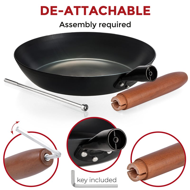 YOSUKATA 11.8" Carbon Steel Frying Pan â€“ Non-Toxic Pre-Seasoned Skillet with Removable Wooden Handle â€“ Coating-Free Wok-Style Pan for Gas, Induction, Electric, Oven & Grill BBQ - Image 5