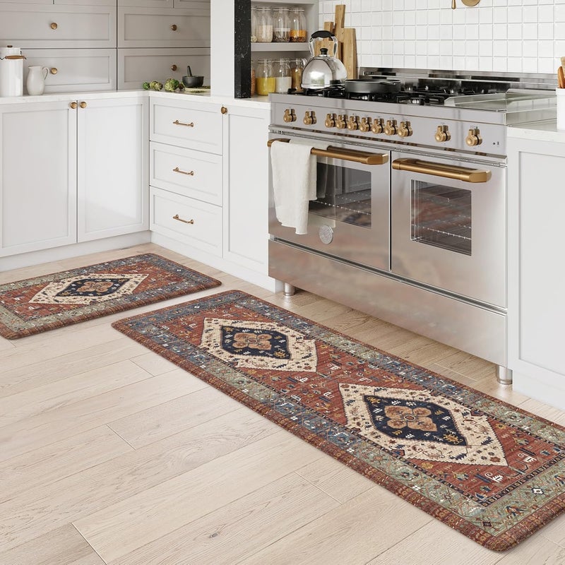 KIMODE Anti Fatigue Kitchen Mats for Floor, Red Boho Distressed Kitchen Rugs Sets of 2, Non Slip Waterproof Kitchen Floor Mats, Comfort Mats for Kitchen Floor Sink Laundry Desk 20"x59"+20"x32" - Image 1