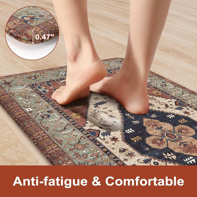 KIMODE Anti Fatigue Kitchen Mats for Floor, Red Boho Distressed Kitchen Rugs Sets of 2, Non Slip Waterproof Kitchen Floor Mats, Comfort Mats for Kitchen Floor Sink Laundry Desk 20"x59"+20"x32" - Image 3