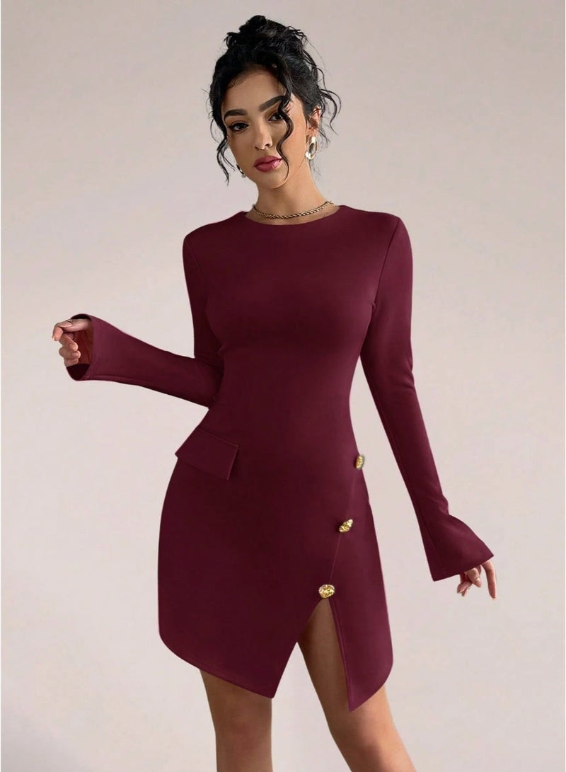 SHEIN Long Sleeve A-Line Slit Ripped Buttons Dress Fall Cloth For Women - Image 5