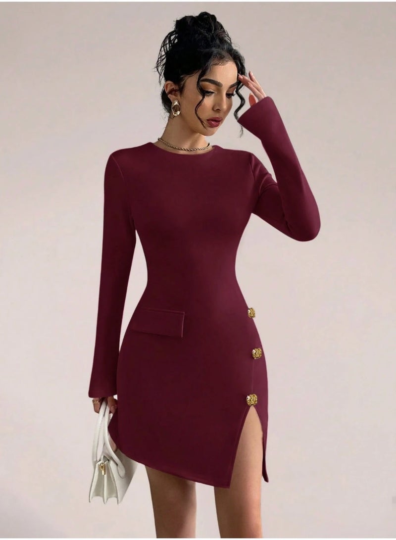 SHEIN Long Sleeve A-Line Slit Ripped Buttons Dress Fall Cloth For Women - Image 3