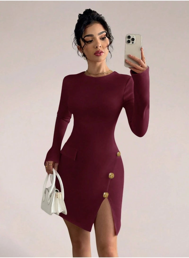SHEIN Long Sleeve A-Line Slit Ripped Buttons Dress Fall Cloth For Women - Image 4