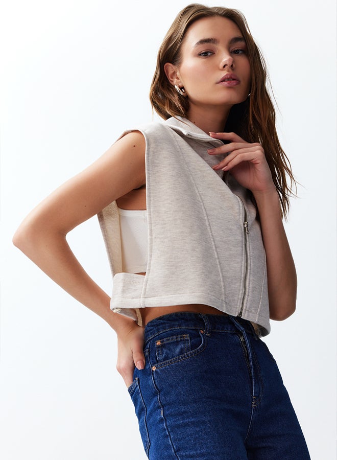 trendyol Beige Fitted Melange Zippered High Collar Moon Sleeve Thick Vest TWOSS24YE00011 - Image 4