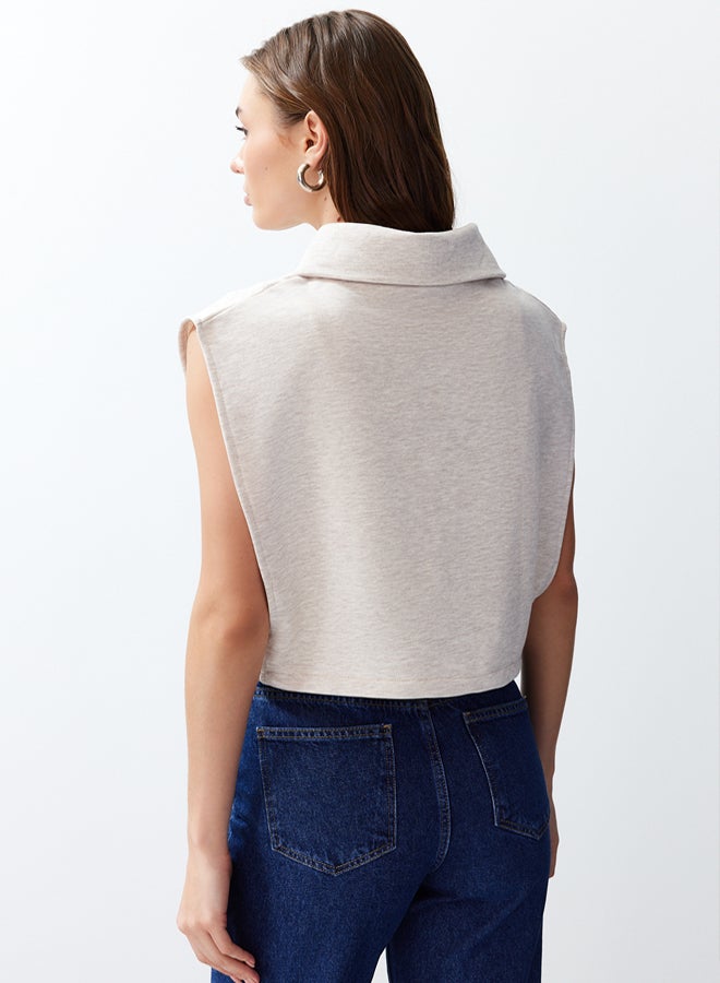 trendyol Beige Fitted Melange Zippered High Collar Moon Sleeve Thick Vest TWOSS24YE00011 - Image 3