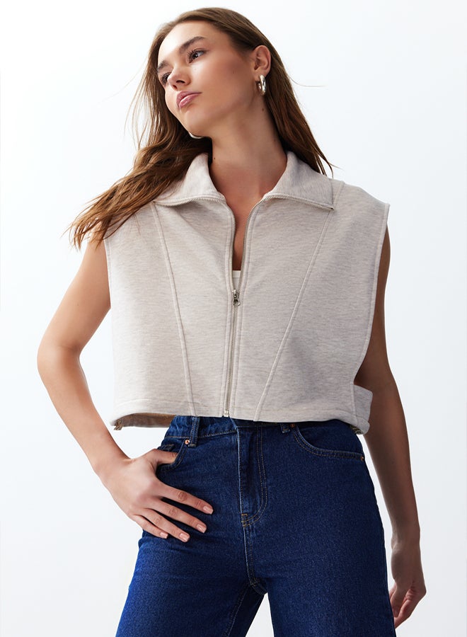 trendyol Beige Fitted Melange Zippered High Collar Moon Sleeve Thick Vest TWOSS24YE00011 - Image 1