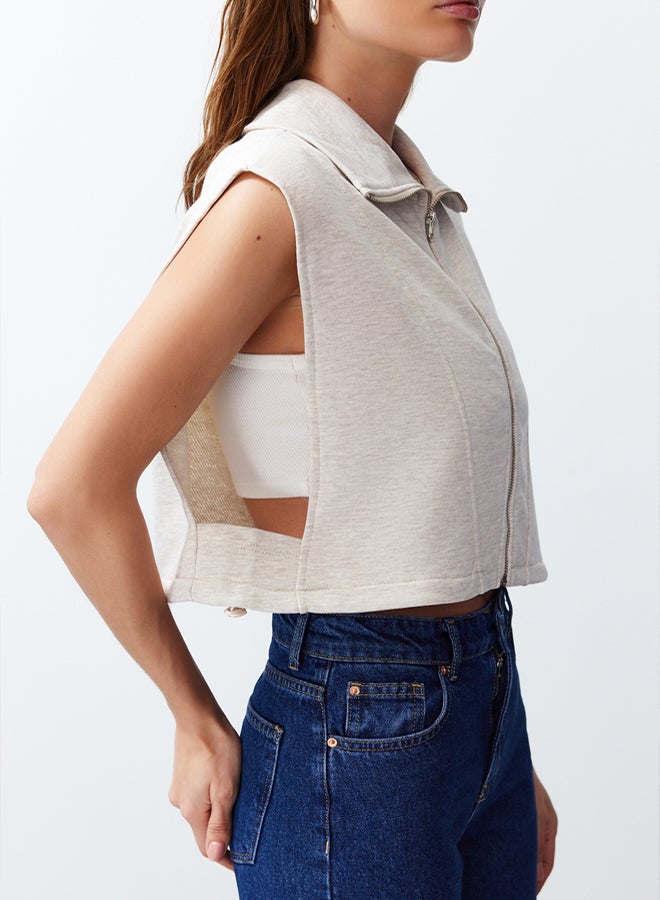 trendyol Beige Fitted Melange Zippered High Collar Moon Sleeve Thick Vest TWOSS24YE00011 - Image 5