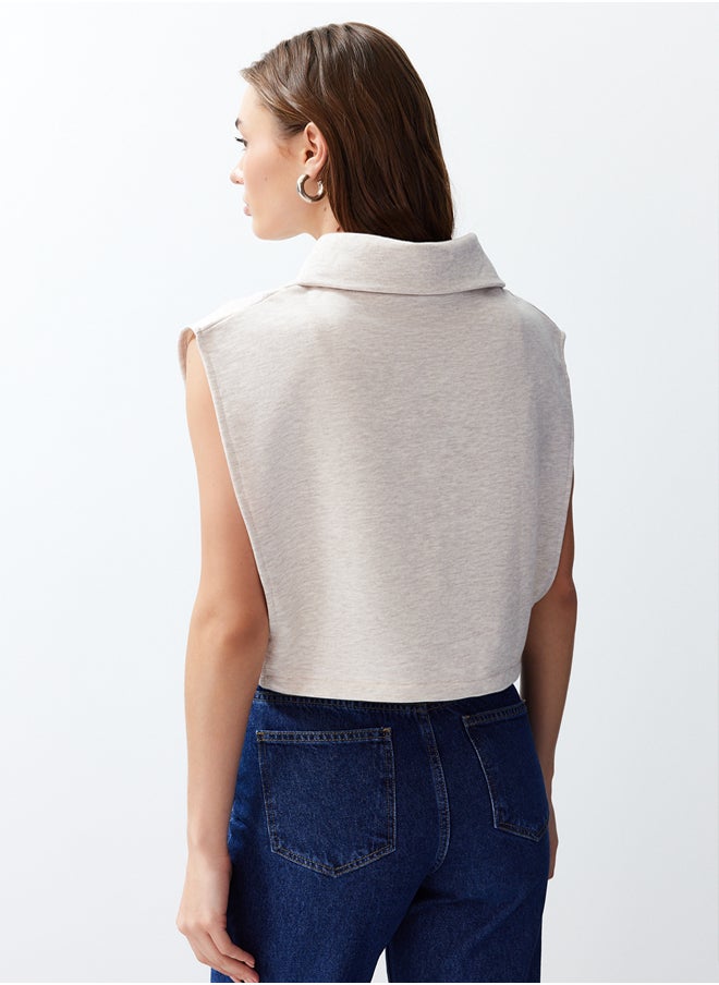 trendyol Beige Fitted Melange Zippered High Collar Moon Sleeve Thick Vest TWOSS24YE00011  - Image 3