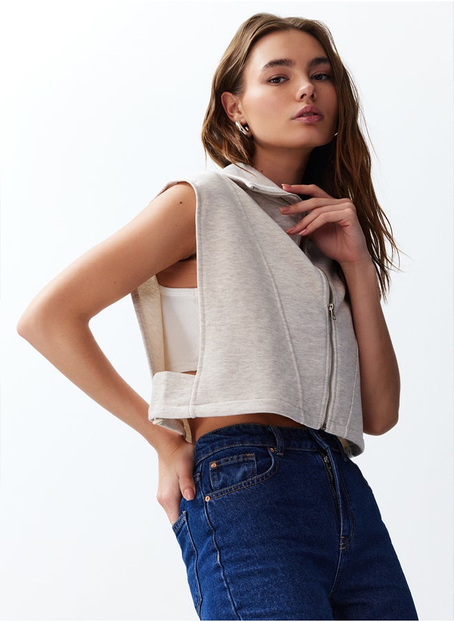 trendyol Beige Fitted Melange Zippered High Collar Moon Sleeve Thick Vest TWOSS24YE00011  - Image 4