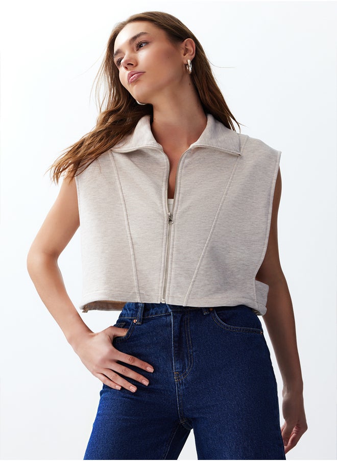 trendyol Beige Fitted Melange Zippered High Collar Moon Sleeve Thick Vest TWOSS24YE00011  - Image 1
