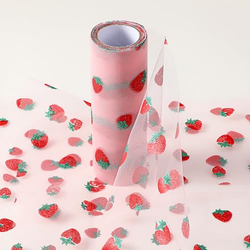 Zyghjort Pink Strawberry Tulle Fabric 6 X 10 Yards 30 Feet Pretty Strawberry Decorative Tulle Ribbon Shiny Strawberrys Fabric Rolls Pink Tulles for DIY Crafts Bow Skirt Edge Wedding Birthday - Image 1