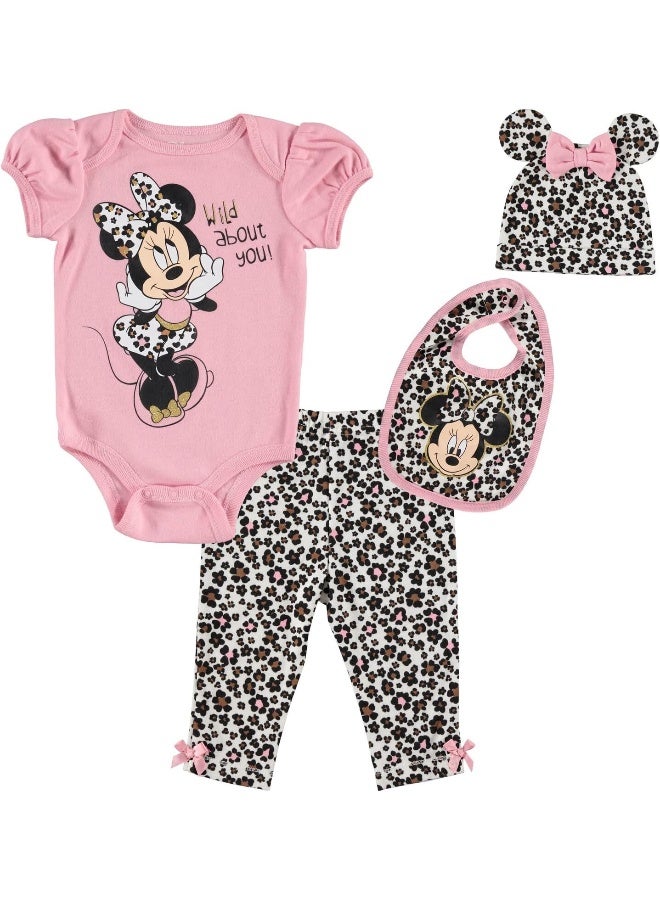 Disney Disney Minnie Mouse Baby Girls Bodysuit Pants Bib and Hat 4 Piece Outfit Set Newborn to Infant  - Image 1