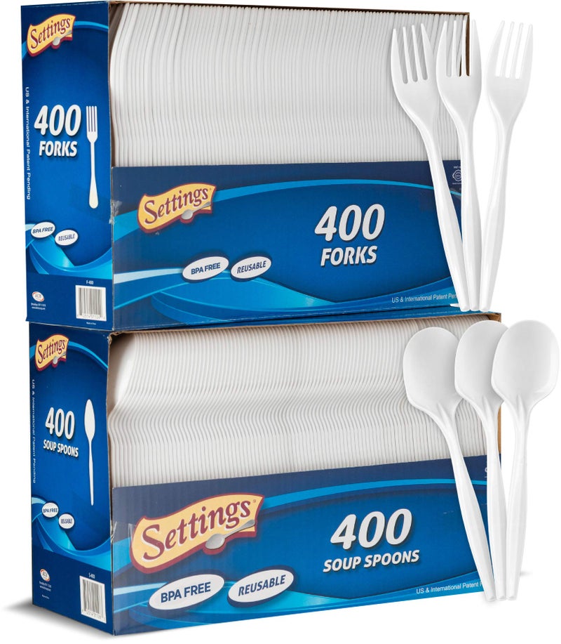 Settings Plastic White 400 Forks And 400 Spoons Practical Disposable Cutlery Great For Thanksgiving Home Office School Party Picnics Restaurant Takeout Fast Food Events Or Every Day Use