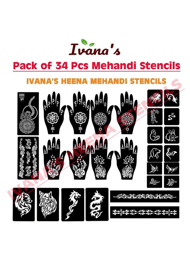 ivana's - Set Of 34 Pcs Combo Pack, Reusable Mehandi For Hands Henna, Wrist, Body, Back, Neck, Face Combo Pack For Girls And Kids Easy To Use In Just 4 Steps Indian Design Collection, A-2010 - Image 1