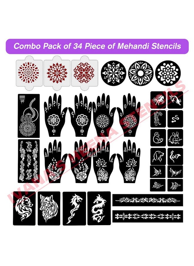 ivana's - Set Of 34 Pcs Combo Pack, Reusable Mehandi For Hands Henna, Wrist, Body, Back, Neck, Face Combo Pack For Girls And Kids Easy To Use In Just 4 Steps Indian Design Collection, A-2010 - Image 1