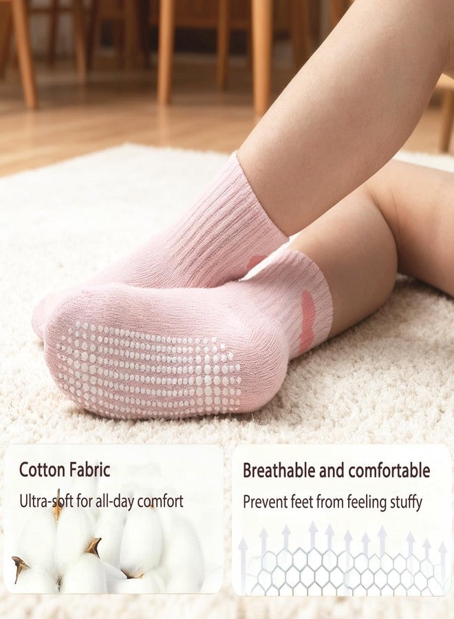 Bearbay Non-Slip Toddler Grip Socks with Anti Skid Soles，Unisex Cotton Crew Ankle Socks for Baby Boys Girls Kids 6 Pairs, 6 Pairs Pink, 3-5 years - Image 5
