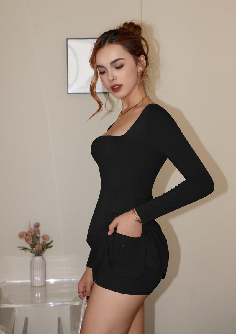 Memoriesea Women's Square Neck Long Sleeve Side Slit A-Line Cocktail Party Club Mini Dress Black - Image 3