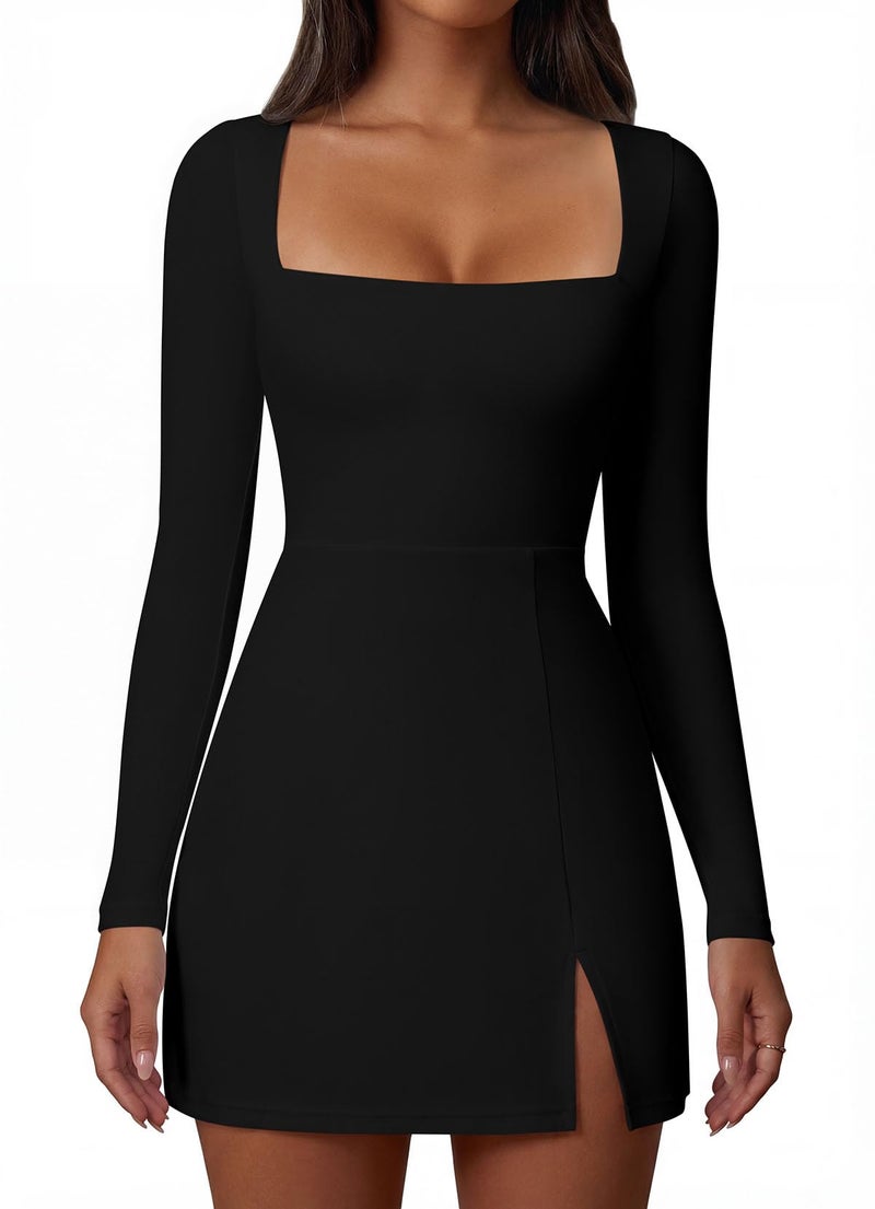 Memoriesea Women's Square Neck Long Sleeve Side Slit A-Line Cocktail Party Club Mini Dress Black - Image 1