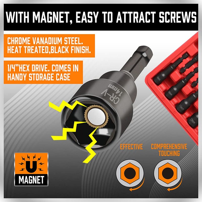 SEDY مجموعة مفاتيح صمولة مغناطيسية 12 قطعة - مجموعة أدوات حفر مفاتيح سداسية احترافية، SAE وميترية، 1/4 بوصة تغيير سريع - Image 5