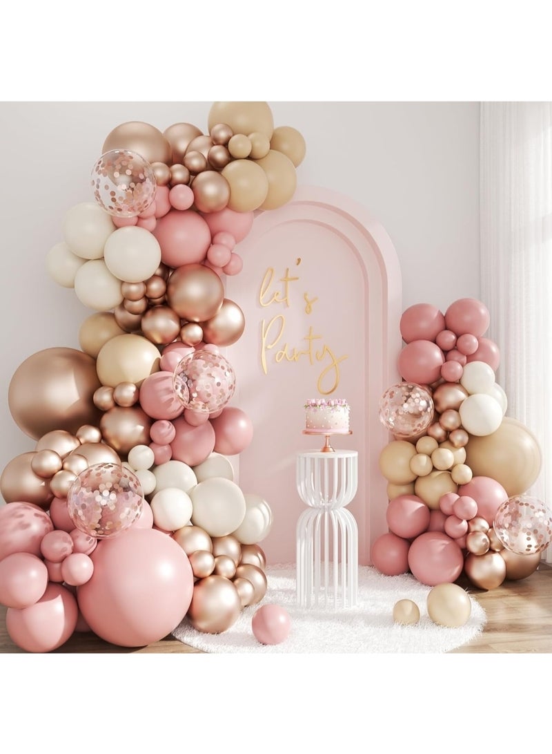 طقم قوس بالونات وردي باهت، 143 قطعة من بالونات بوهو وردي خدود رملي أبيض عاري ذهبي وردي طقم قوس جارلاند بالونات قصاصات ورقية لأعياد الميلاد وحفلات الزفاف وحفلات استقبال المولود الجديد - Image 1