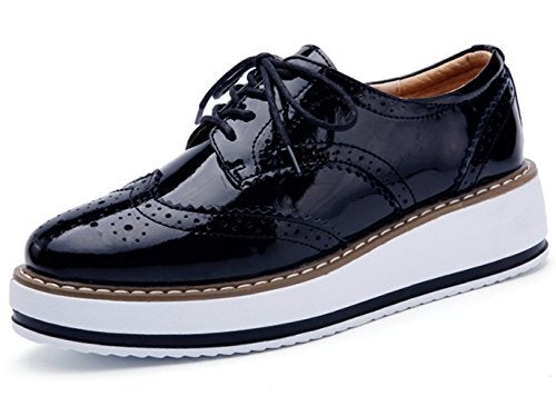 DADAWEN Women's Platform Lace-Up Wingtips Square Toe Oxfords Shoe Black US Size 8/Asia Size 40/25cm - Image 1