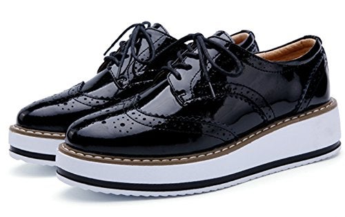 DADAWEN Women's Platform Lace-Up Wingtips Square Toe Oxfords Shoe Black US Size 8/Asia Size 40/25cm - Image 2